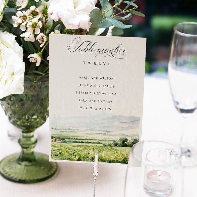 Modern Watercolor Vineyard Landscape Seating Chart Tischnummer (Von Creator hochgeladen)