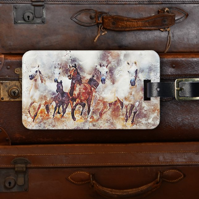 Modern Watercolor Wilde Pferde Gepäckanhänger (Luggage tag featuring a watercolor painting of wild running horses. Beautiful for any horse lover)