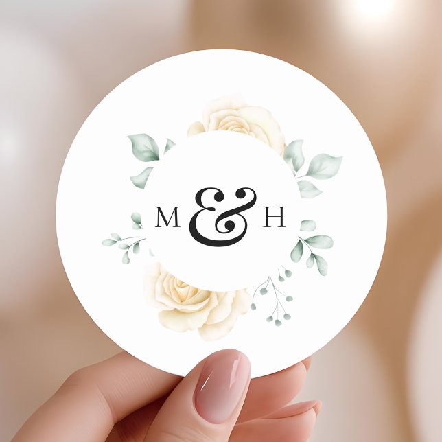 Modern Watercolour Greenery Monogram Wedding Runder Aufkleber (Von Creator hochgeladen)