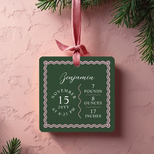 Modern Wavy Baby Name Script Birth Stats Foto Ornament Aus Metall