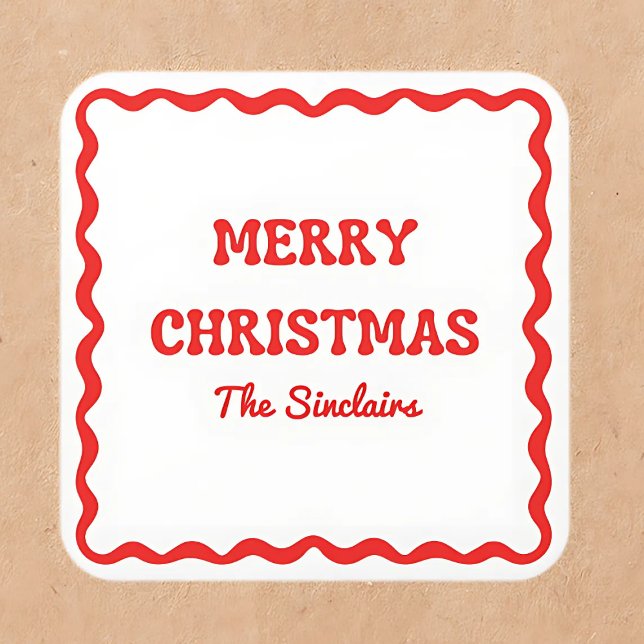 Modern Wavy Border Trendy Red Christmas Party Quadratischer Aufkleber (Von Creator hochgeladen)