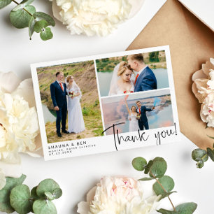 Modern Wedding 3 Photo Collage Thank You Dankeskarte