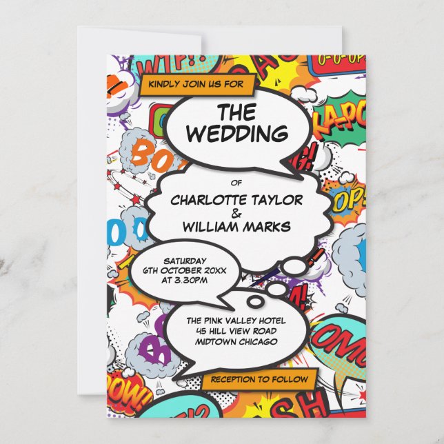 Modern Wedding Colorful Typografisches Comic Book Einladung (Vorderseite)