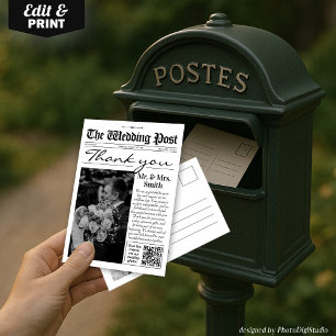 Modern Wedding Dankeschön Card, Wedding Newspapier Dankeskarte
