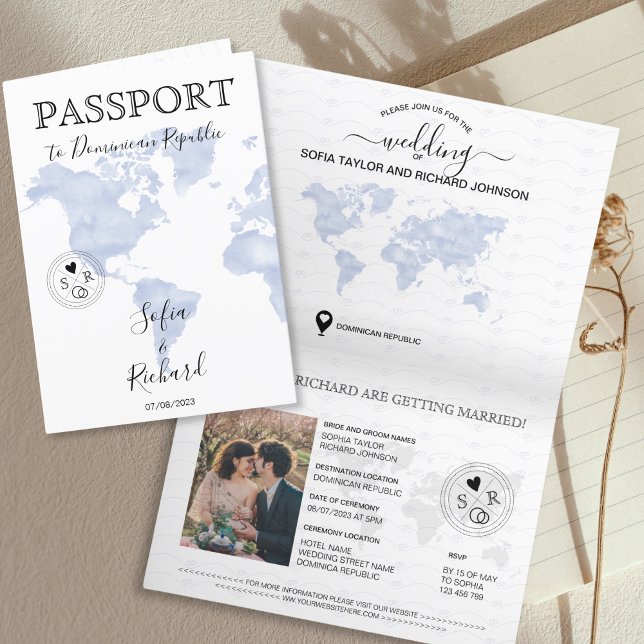 Modern Wedding Destination Passport Blue World Map Einladung (Von Creator hochgeladen)