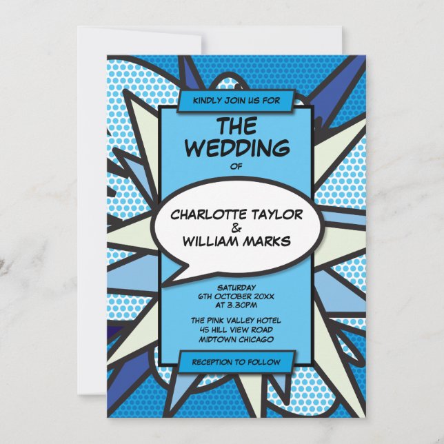 Modern Wedding Fun Designer Blue Comic Book Einladung (Vorderseite)