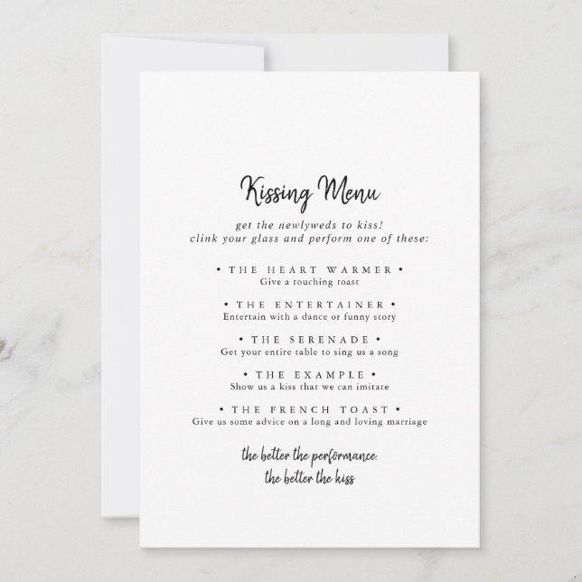 Modern Wedding Kissing Menu Game Card (Vorderseite)