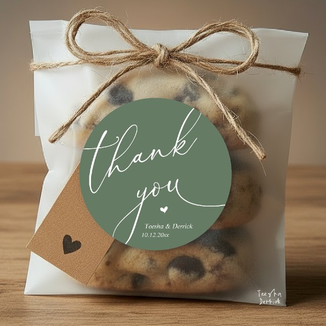 Modern Wedding Minimal Thank You Cute Heart Gifts Runder Aufkleber (Modern Wedding Minimal Thank You Cute Cute Little Heart Gifts Classic Round Sticker in Sage Green)