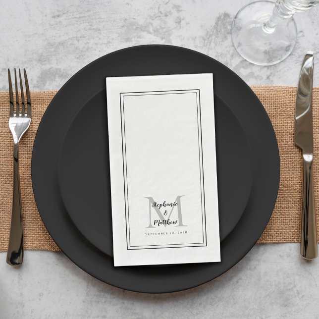 Modern Wedding Monogram Names & Date Schwarz-weiß Serviette (Von Creator hochgeladen)