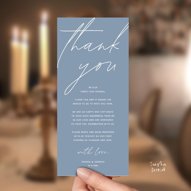 Modern Wedding Reception Dinner Thank You Card Programm (Modern Wedding Reception Dinner Lunch Brunch Party Thank You Card in dusty blue)