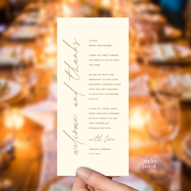Modern Wedding Reception Dinner Thank You Card Programm (Welcome and thanks, Modern Wedding Reception Dinner Thank You card, family friends in yellow gold)