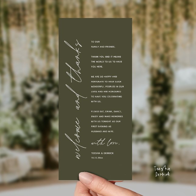 Modern Wedding Reception Dinner Thank You Card Programm (Welcome and thanks, Modern Wedding Reception Dinner Thank You card, family friends in olive green)