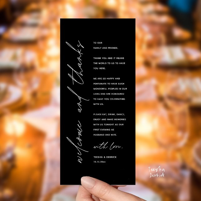 Modern Wedding Reception Dinner Thank You Card Programm (Welcome and thanks, Modern Wedding Reception Dinner Thank You card, family friends in white black)