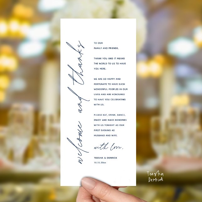 Modern Wedding Reception Dinner Thank You Card Programm (Welcome and thanks, Modern Wedding Reception Dinner Thank You card, family friends in navy blue)