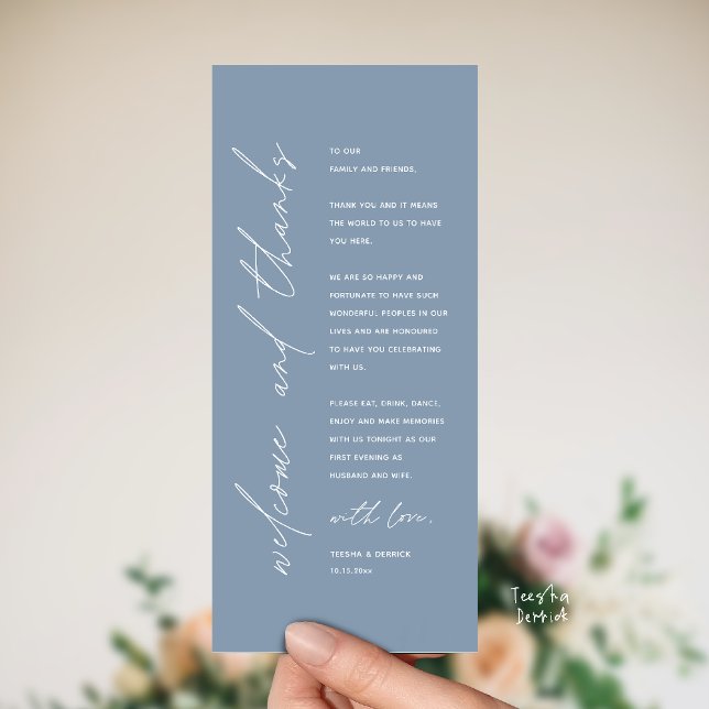 Modern Wedding Reception Dinner Thank You Card Programm (Welcome and thanks, Modern Wedding Reception Dinner Thank You card, family friends in dusty blue)