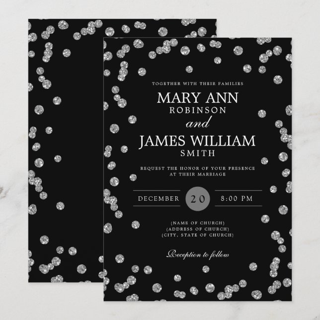 Modern Wedding Silver Glitzer Confetti Black Einladung (Vorne/Hinten)