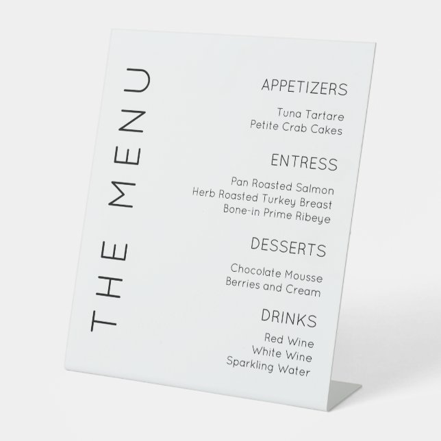 Modern WeddingMenu Schild, Schwarz/Weiß Menü Zeich Sockelschild (Vorderseite)