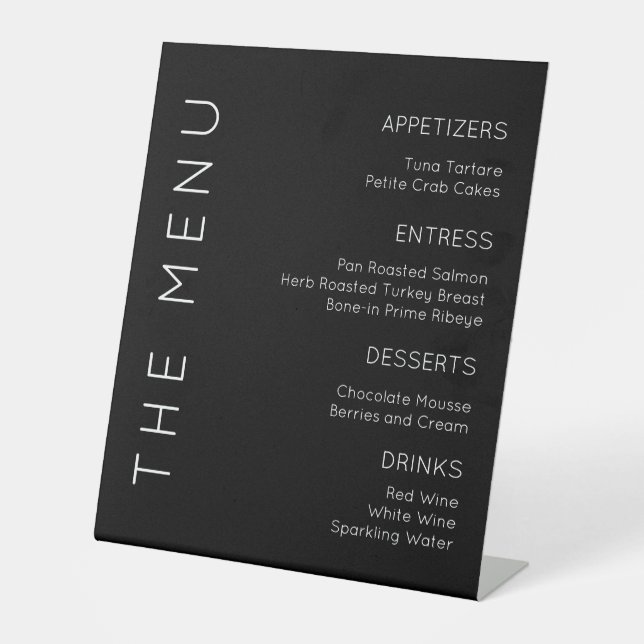 Modern WeddingMenu Schild, Schwarz/Weiß Menü Zeich Sockelschild (Vorderseite)