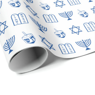Modern weiß-blau-jüdische Ikonen Muster Hanukkah Geschenkpapier