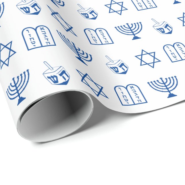Modern weiß-blau-jüdische Ikonen Muster Hanukkah Geschenkpapier (Rolleneckpunkt)