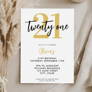 Modern Weiß und Gold Elegant 21. Geburtstag Einladung
