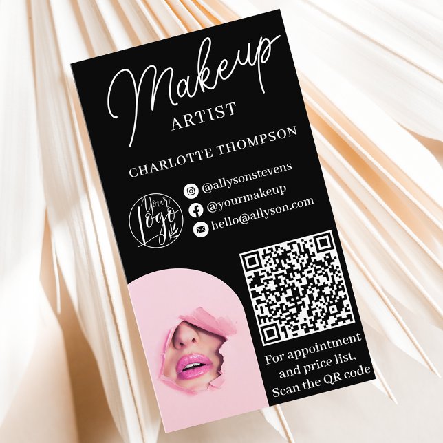 Modern weiße Makeup-Logo Qr-Code 2 Fotos Visitenkarte (Modern white on black makeup logo Qr code 2 photos Business Card)