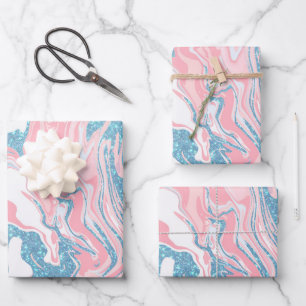 Modern weißer rosa blauer Glitzer Marmor Geschenkpapier Set