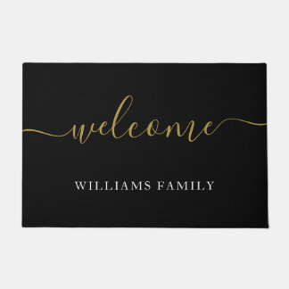Modern Welcome Black Gold Script Familienname Fußmatte
