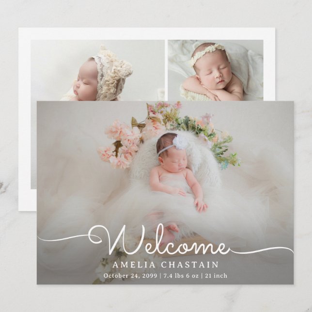 Modern Welcome Calligraphy 4 Photo Baby Birth Ankündigung (Vorne/Hinten)