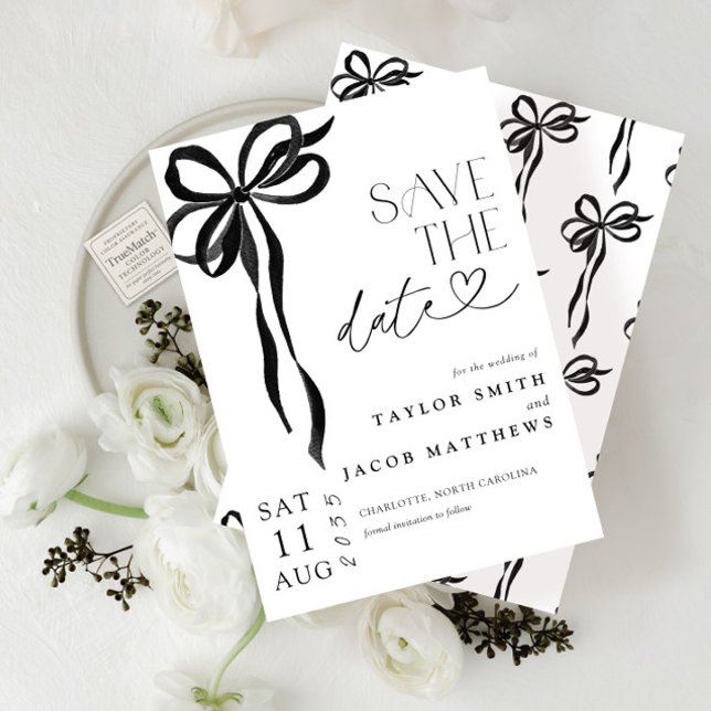 Modern Whimsical Black Bow Script Save the Date Einladung (Von Creator hochgeladen)