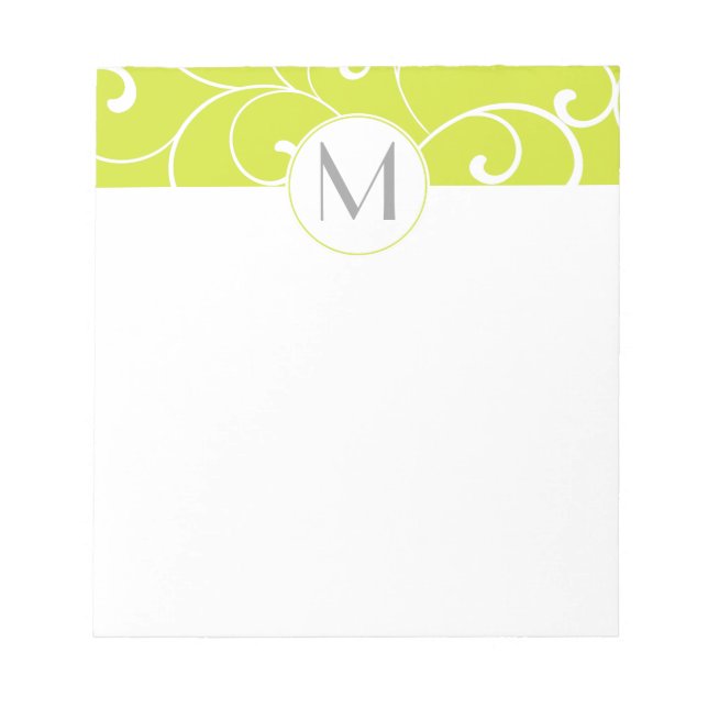 Modern Whimsical Curls Lime Green Monogram Notizblock (Vorderseite)