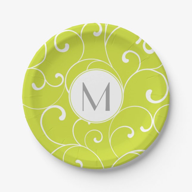 Modern Whimsical Curls Lime Green Monogram Pappteller (Vorderseite)