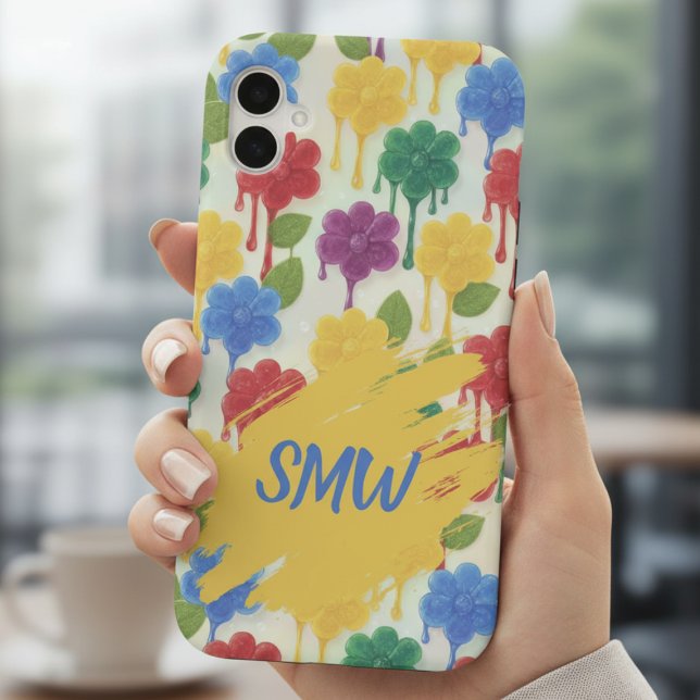 Modern Whimsical – Dripping Flower Monogram iPhone 16 Hülle (Dripping Gummy Flowers & Monogram iPhone Case)