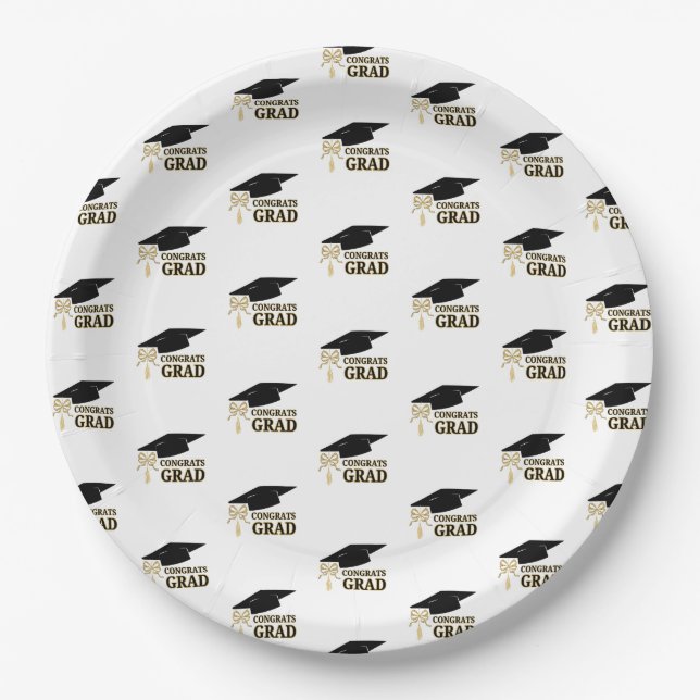 Modern Whimsical Gold Black Graduation Cap Pappteller (Vorderseite)