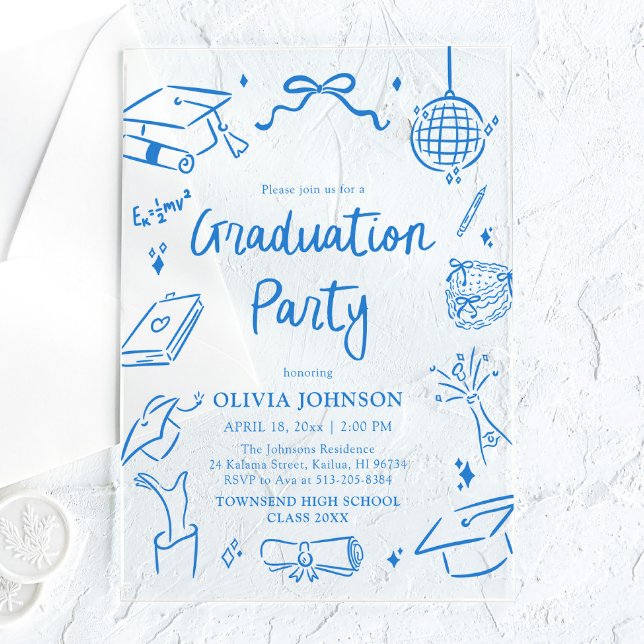 Modern Whimsical Hand Drawn Blue Graduation Party Acryleinladungen (Modern Whimsical Hand Drawn Blue Graduation Party Acrylic Invitations)