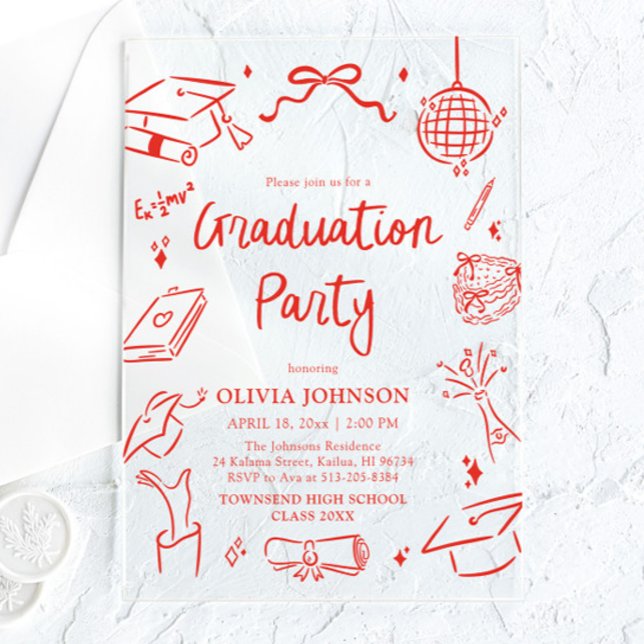 Modern Whimsical Hand Drawn Bow Graduation Party Acryleinladungen (Modern Whimsical Hand Drawn Bow Graduation Party Acrylic Invitations)