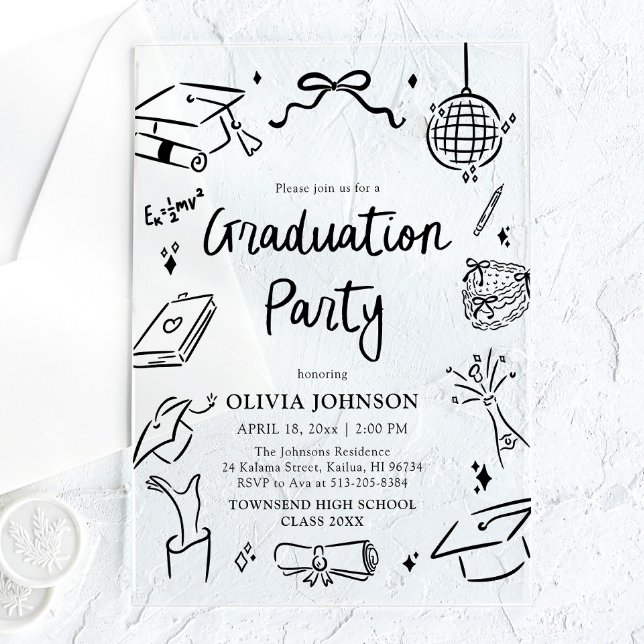 Modern Whimsical Hand Drawn Bow Graduation Party Acryleinladungen (Modern Whimsical Hand Drawn Bow Graduation Party Acrylic Invitations)