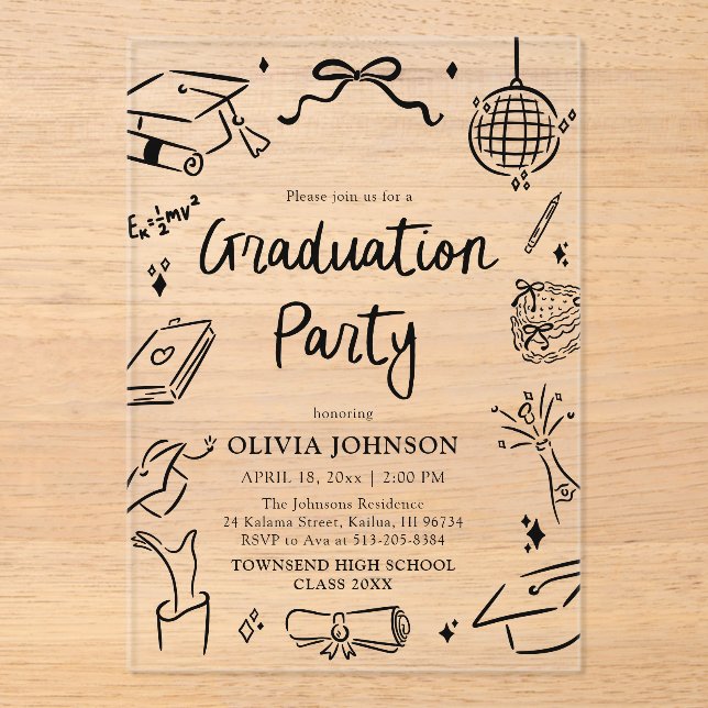 Modern Whimsical Hand Drawn Bow Graduation Party Acryleinladungen (Vorderseite)
