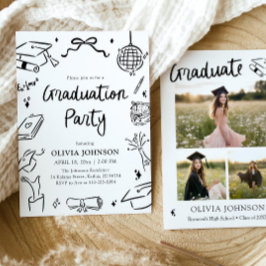Modern Whimsical Hand Drawn Bow Graduation Party  Einladung