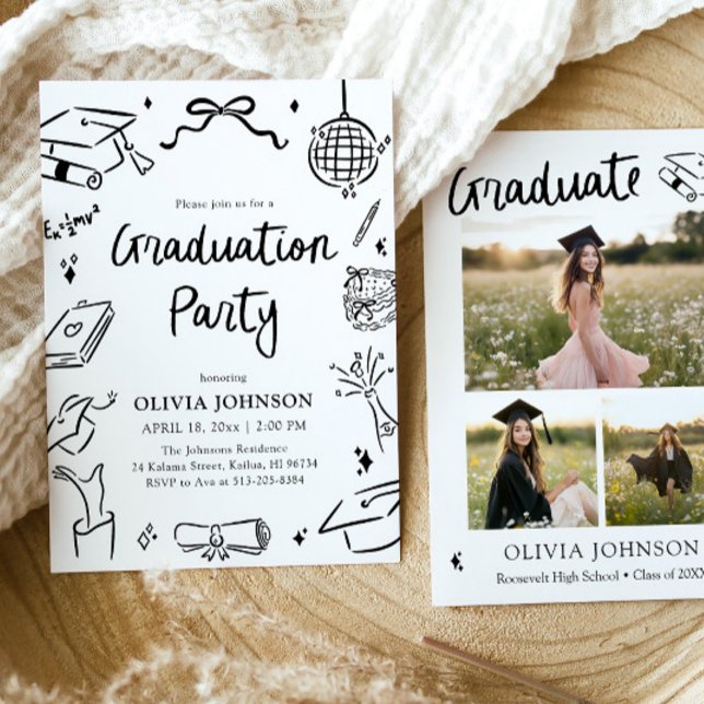 Modern Whimsical Hand Drawn Bow Graduation Party  Einladung (Modern Whimsical Hand Drawn Bow Graduation Party Invitation)