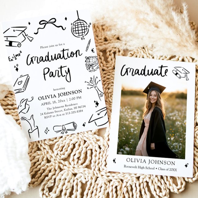 Modern Whimsical Hand Drawn Bow Graduation Party Einladung (Modern Whimsical Hand Drawn Bow Graduation Party Invitation)