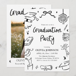 Modern Whimsical Hand Drawn Bow Graduation Party Einladung