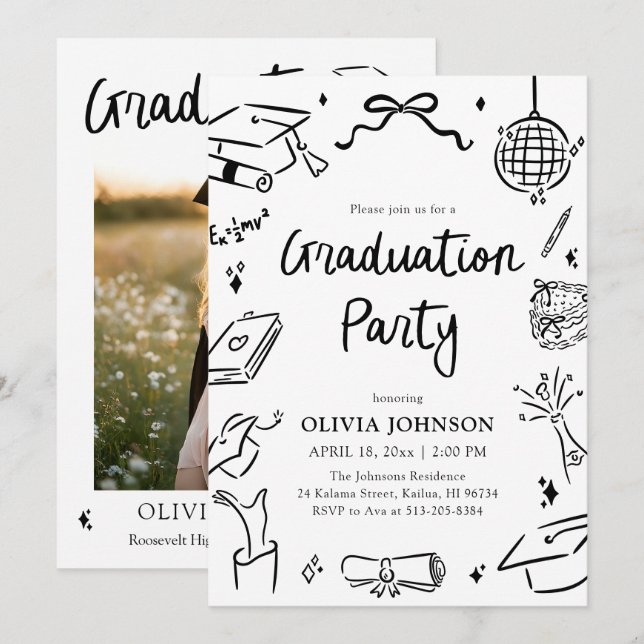Modern Whimsical Hand Drawn Bow Graduation Party Einladung (Vorne/Hinten)