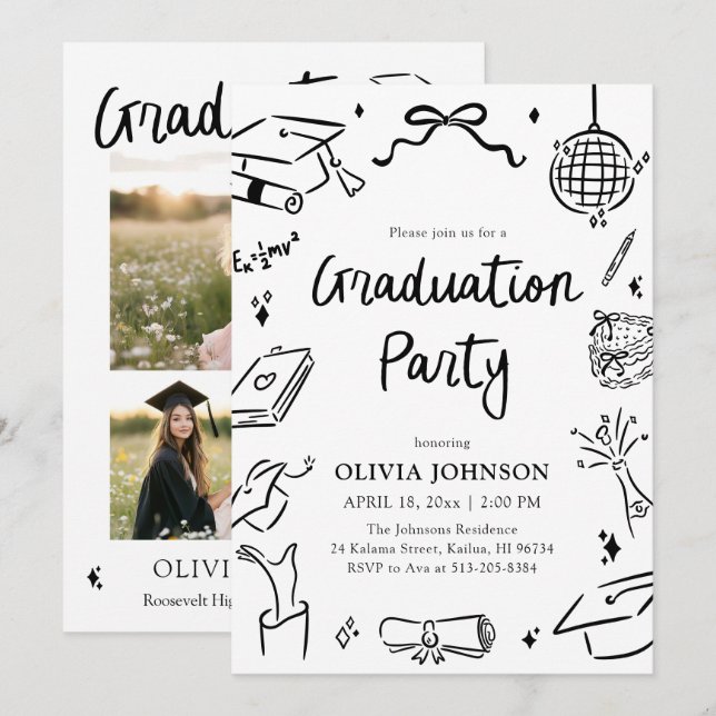 Modern Whimsical Hand Drawn Bow Graduation Party I Einladung (Vorne/Hinten)