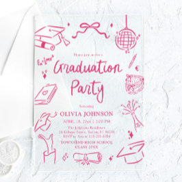 Modern Whimsical Hand Drawn Pink Graduation Party Acryleinladungen