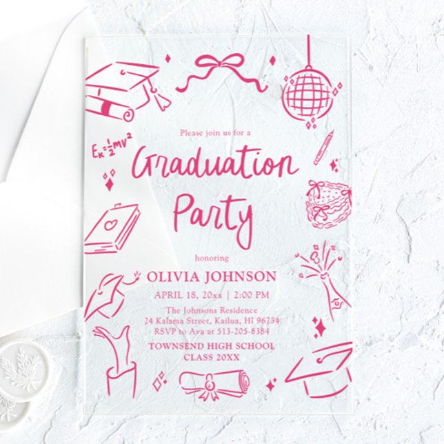 Modern Whimsical Hand Drawn Pink Graduation Party Acryleinladungen (Modern Whimsical Hand Drawn Pink Graduation Party Acrylic Invitations)