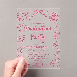 Modern Whimsical Hand Drawn Pink Graduation Party Acryleinladungen