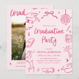 Modern Whimsical Hand Drawn Pink Graduation Party Einladung