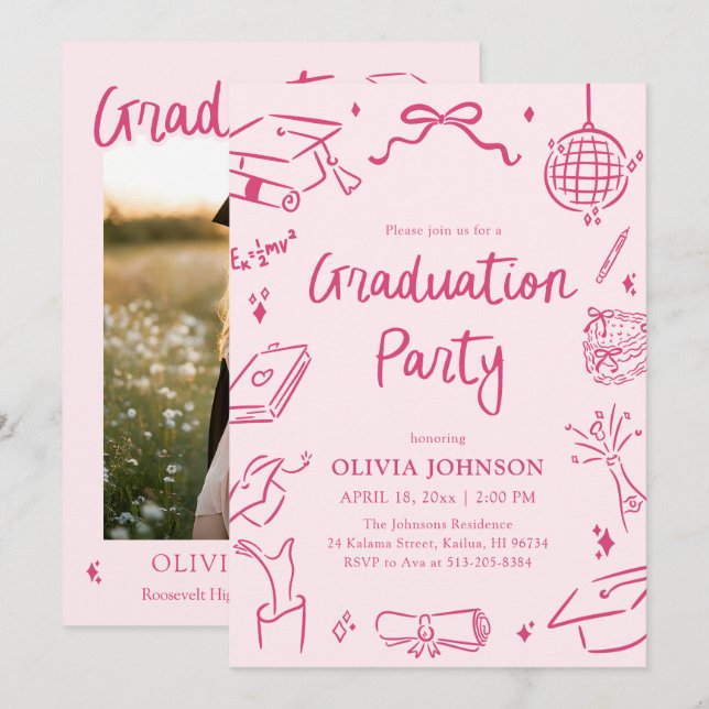 Modern Whimsical Hand Drawn Pink Graduation Party Einladung (Vorne/Hinten)