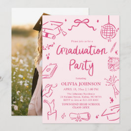 Modern Whimsical Hand Drawn Pink Graduation Party Einladung